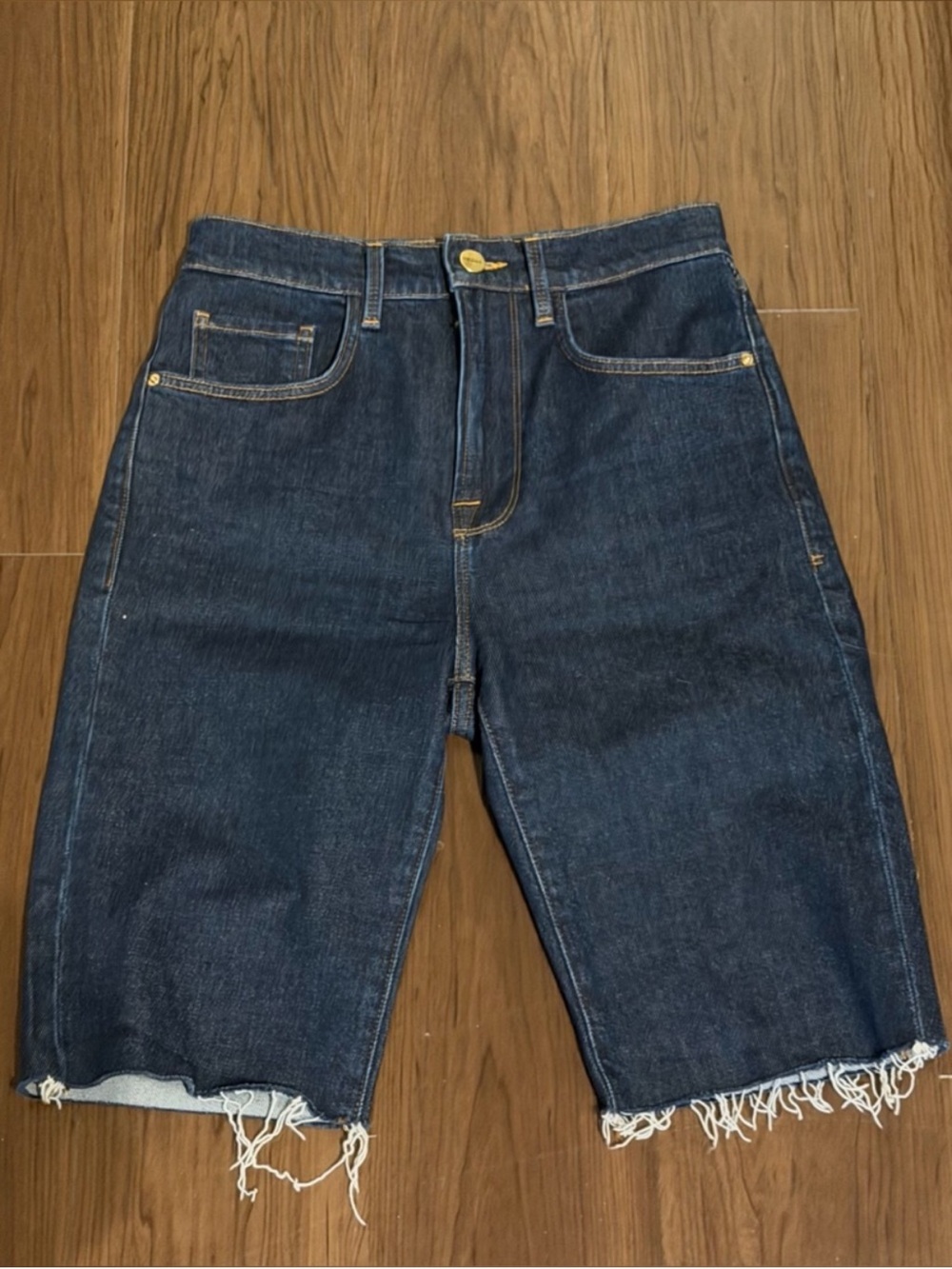 Frame Dark Wash Raw Hem Denim Bermuda Shorts